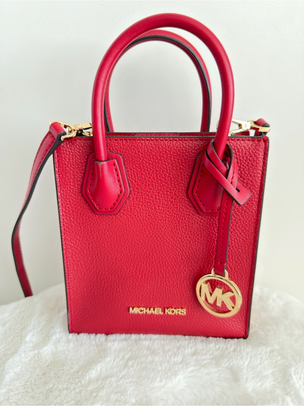 Michael Kors Red Pebbled Mini Tote with Gold MK Charm
